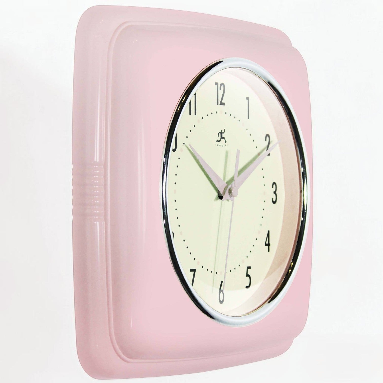 Mellow Monkey retro square pink wall clock with cream face and black numbers. 9.25-in.