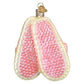 Mellow Monkey pink blown glass cat lady slippers holiday ornament with textured soles and glitter trim.