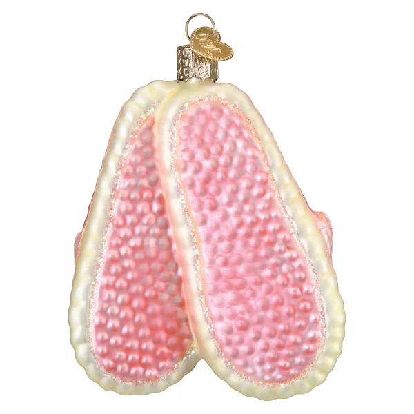 Mellow Monkey pink blown glass cat lady slippers holiday ornament with textured soles and glitter trim.