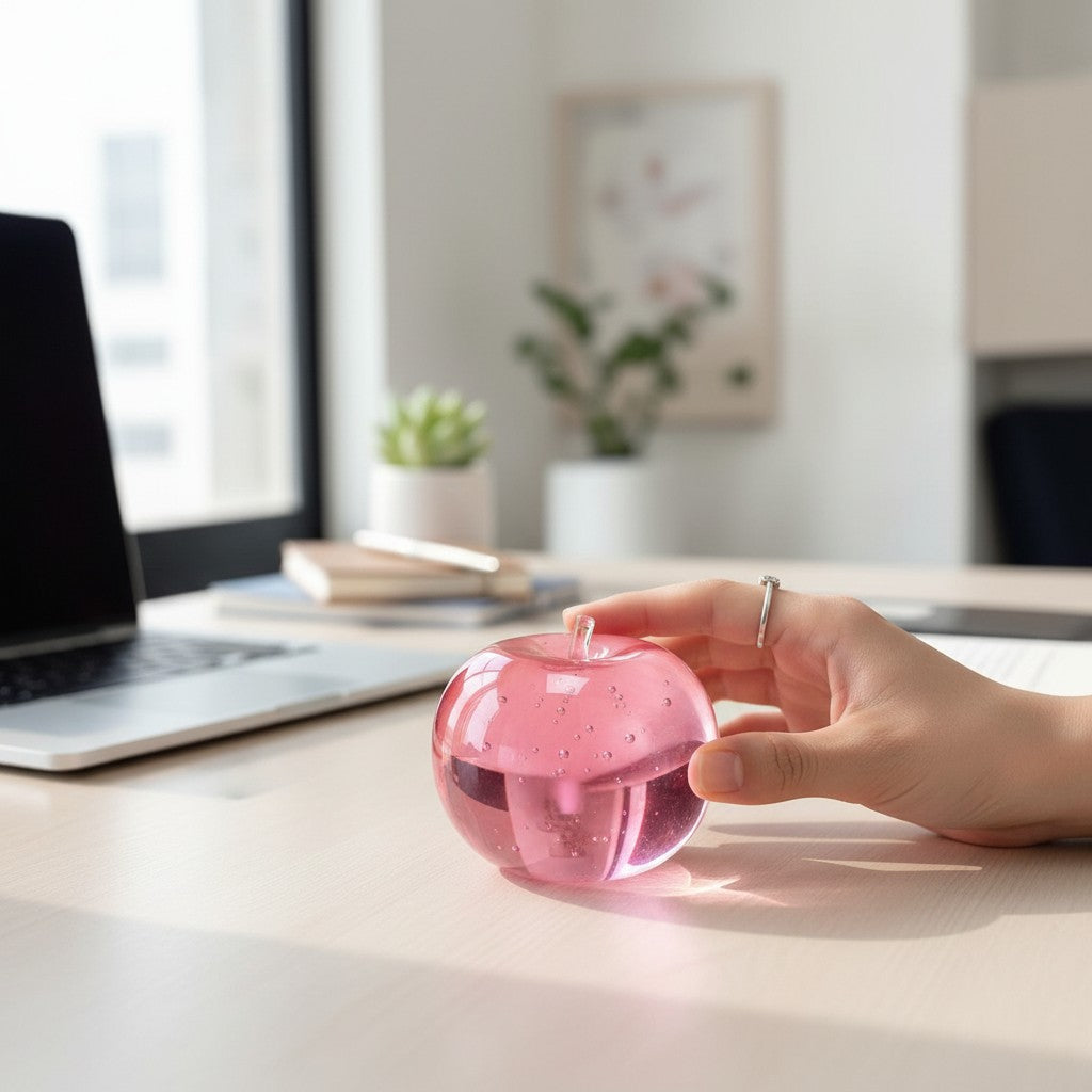 Mellow Monkey pink translucent SlowFlow squishy apple fidget toy on a desk next to a laptop