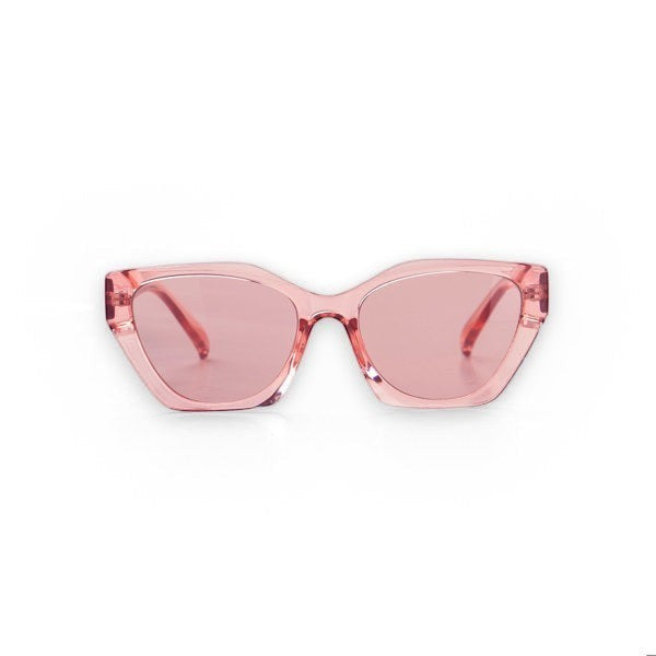 Mellow Monkey Pretty In Paradise pink translucent cat-eye sunglasses with UV protected lenses.