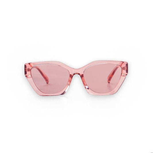 Mellow Monkey Pretty In Paradise pink translucent cat-eye sunglasses with UV protected lenses.