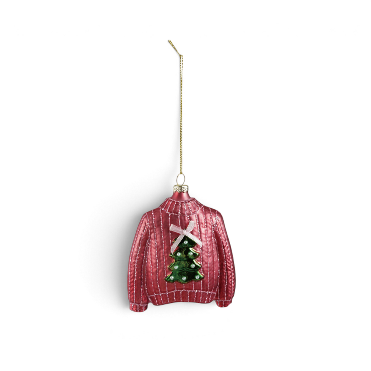 Mellow Monkey pink glass sweater Christmas ornament featuring a green tree and a small bow detail.