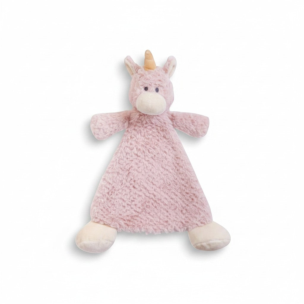 Mellow Monkey Wendy Unicorn Rattle Blankie, pale pink, ultra-soft plush, 13-inch, for nursery comfort and security.