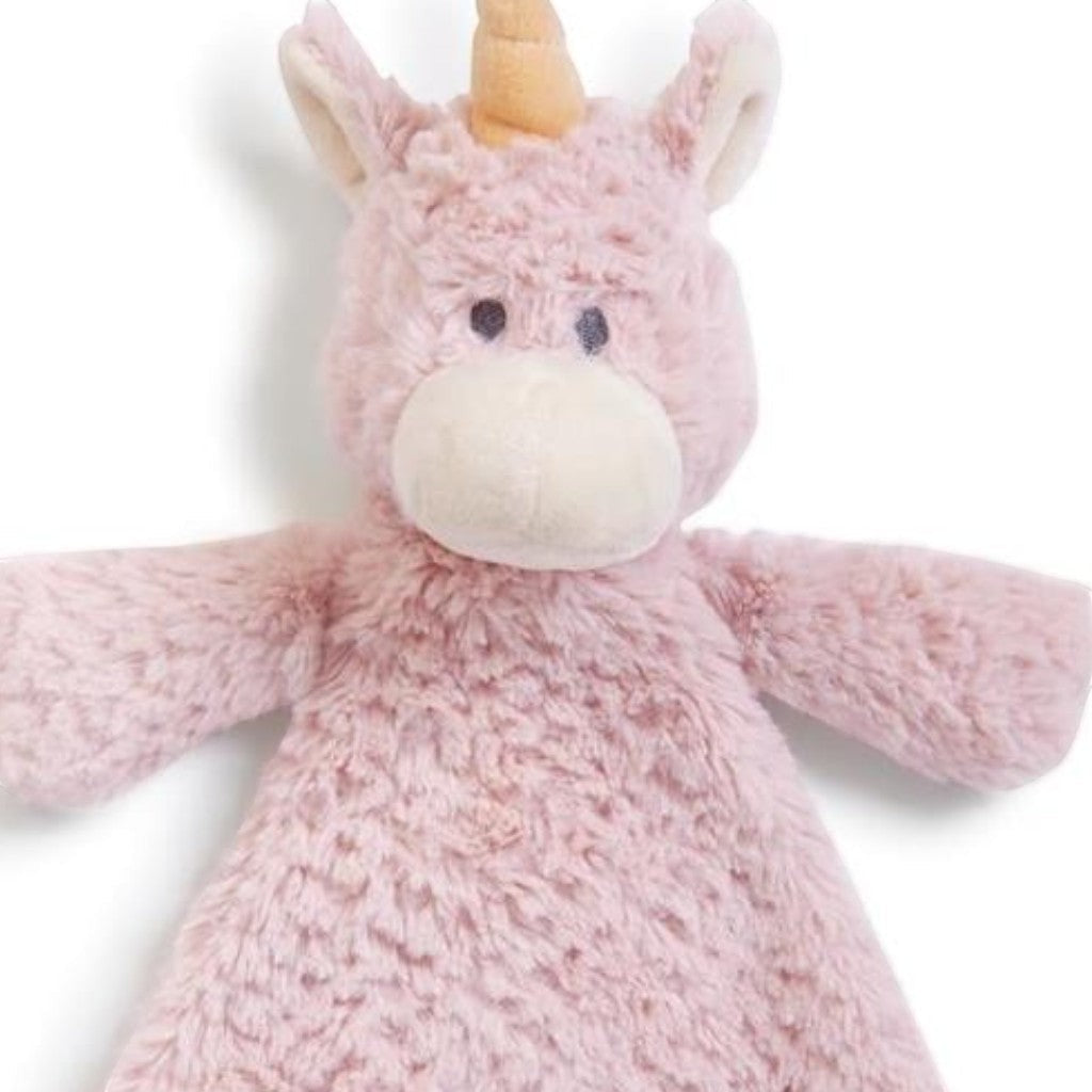 Mellow Monkey Wendy Unicorn Rattle Blankie, soft pink plush with cream accents, 13-inch, for nursery comfort and security.