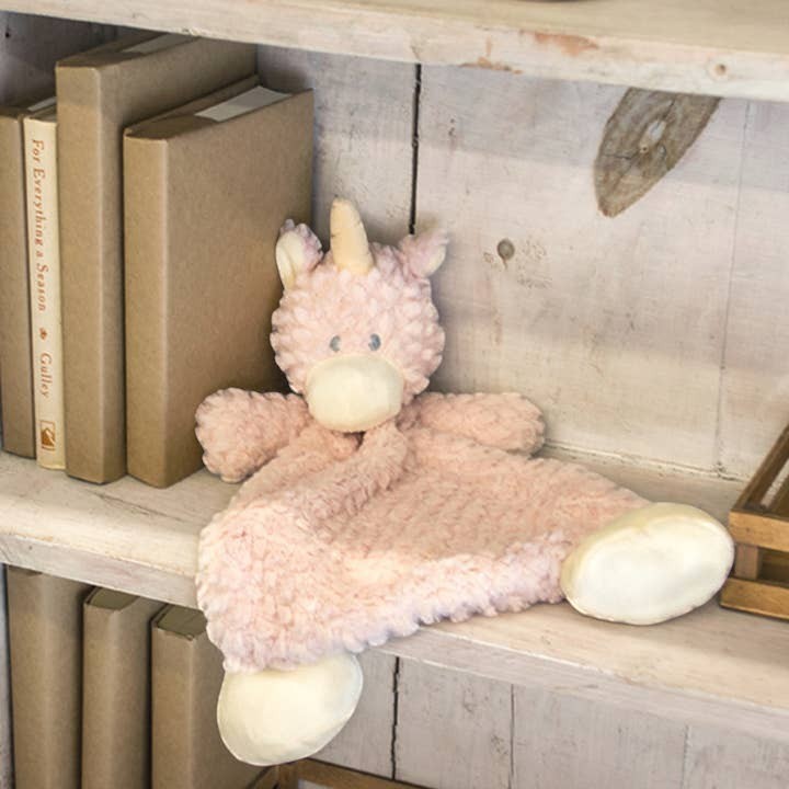 Mellow Monkey Wendy Unicorn Rattle Blankie, pale pink, ultra-soft plush, 13-inch, with embroidered eyes and a horn.
