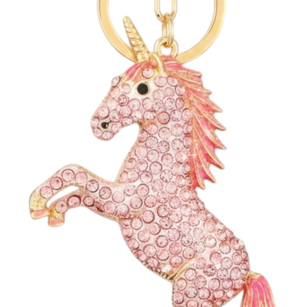 Mellow Monkey pink unicorn keychain adorned with shimmering rhinestones and gold-tone finish.