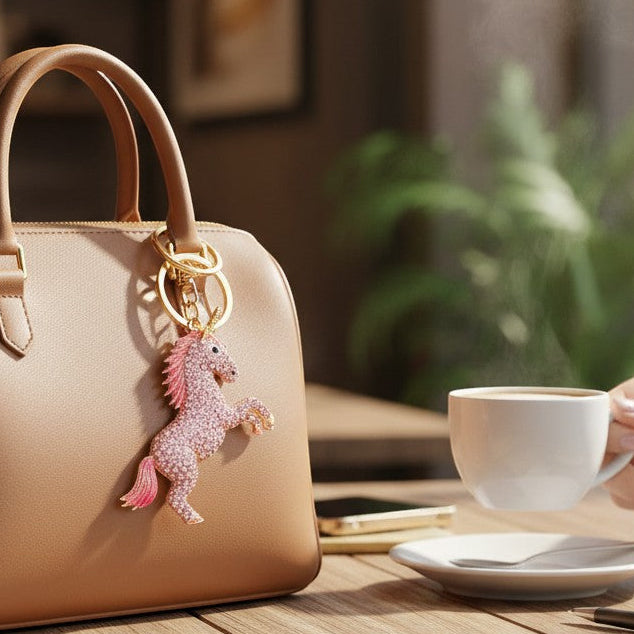 Mellow Monkey pink unicorn rhinestone keychain with gold-tone finish attached to a tan handbag.