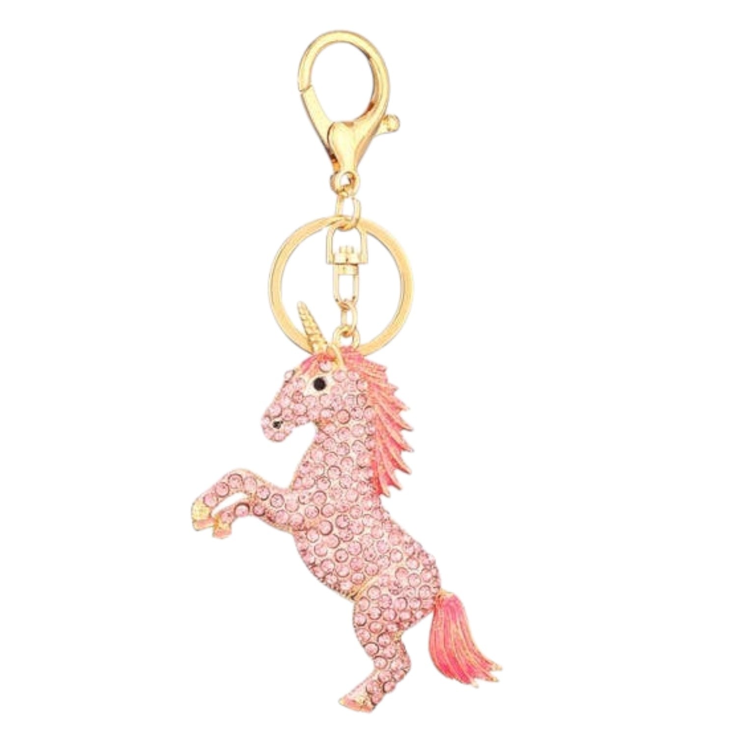 Mellow Monkey pink unicorn keychain adorned with shimmering rhinestones and gold-tone finish. Features a rearing unicorn with a pink mane and tail.
