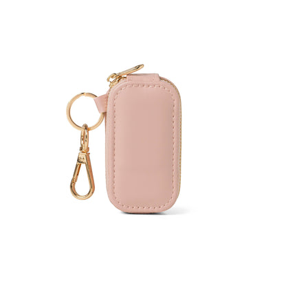 Mellow Monkey pink vegan leather jewelry case with gold swivel snap clip and keyring. Perfect for travel.