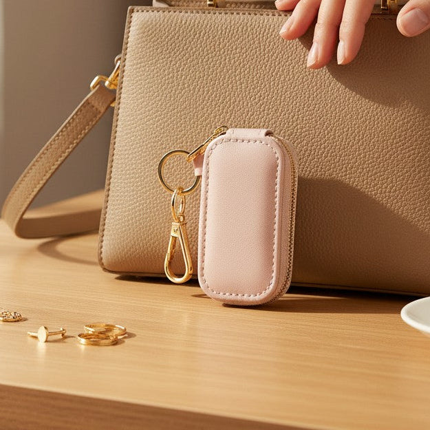 Mellow Monkey pink vegan leather jewelry case with gold swivel snap clip and keyring for travel and on-the-go storage.