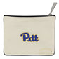Mellow Monkey University of Pittsburgh woven zip pouch with blue and gold Pitt logo. Polyester, 7" x 5.5".