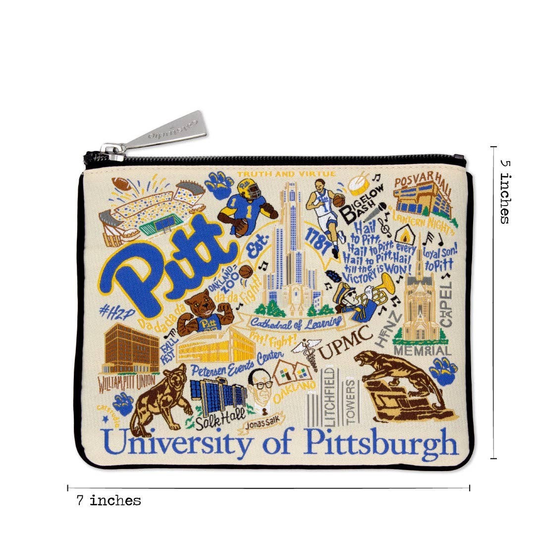 Mellow Monkey University of Pittsburgh woven zip pouch with campus landmarks, mascots, and school colors. Measures 7x5.5 inches.