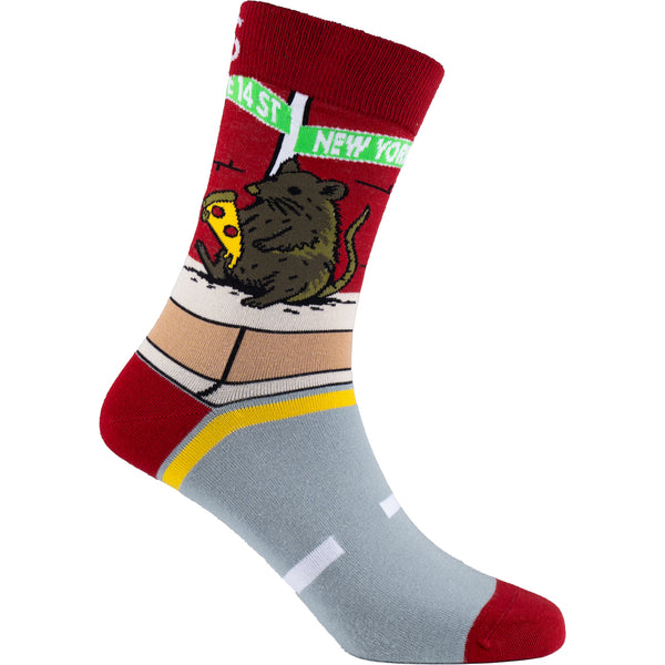 Mellow Monkey Pizza Rat bamboo knit socks featuring a rat eating pizza on a New York street design with red accents.