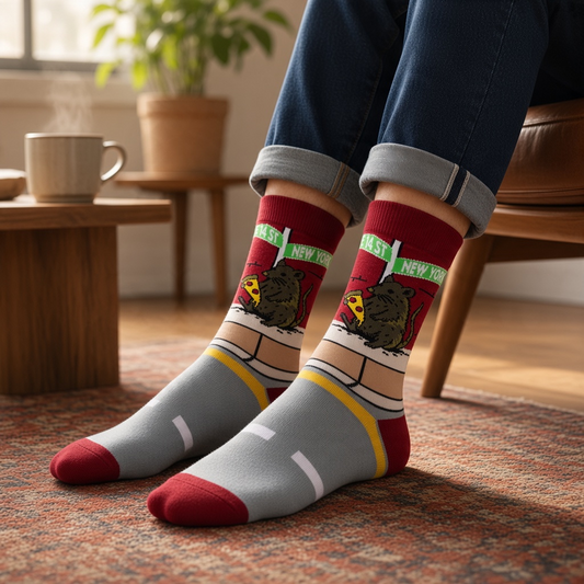 Mellow Monkey Pizza Rat bamboo knit socks featuring a rat with pizza and New York street signs on a red and grey base