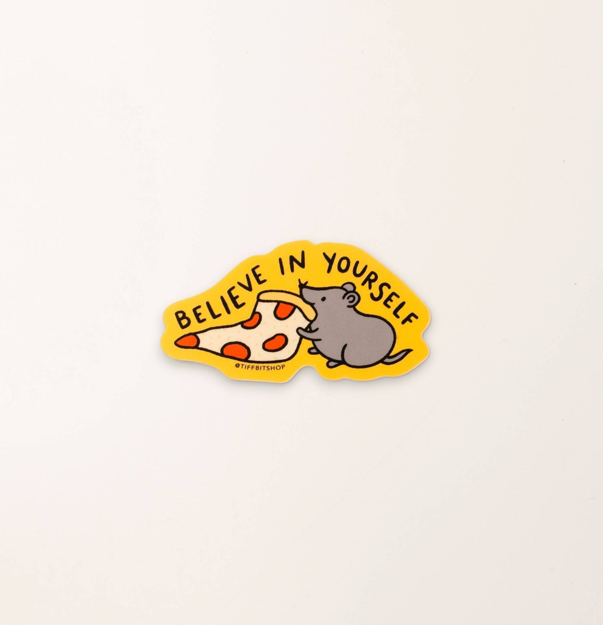 Mellow Monkey 3-inch weather-resistant sticker featuring a grey rat eating a slice of pepperoni pizza