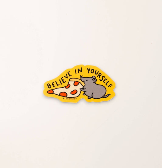 Mellow Monkey 3-inch weather-resistant sticker featuring a grey rat eating a slice of pepperoni pizza