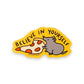 Mellow Monkey 3-inch weather-resistant sticker featuring a grey rat eating a slice of pizza with motivational text.