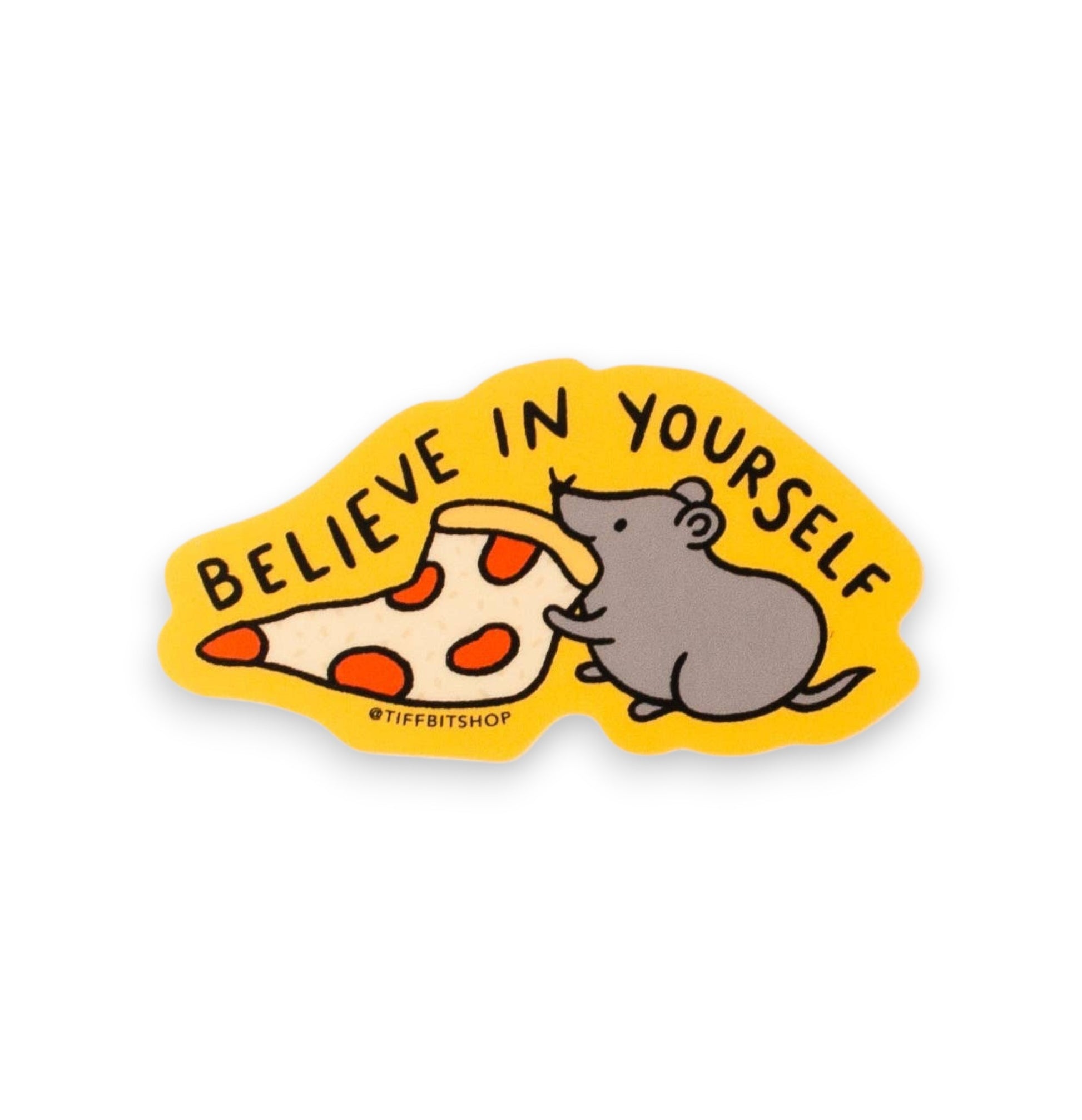 Mellow Monkey 3-inch weather-resistant sticker featuring a grey rat eating a slice of pizza with motivational text.