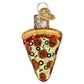 Mellow Monkey Mini Pizza Slice glass holiday ornament with pepperoni, olives, and glitter. Hand-painted.