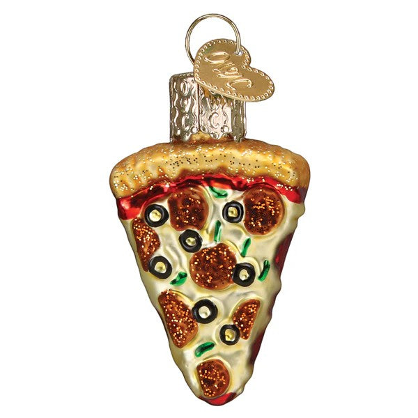 Mellow Monkey Mini Pizza Slice Old World Christmas Blown Glass Holiday Ornament. Realistic pepperoni, olives, and green peppers on a golden crust.