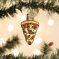 Mellow Monkey Mini Pizza Slice glass holiday ornament with pepperoni, olives, and green peppers. Hand-painted with glitter.