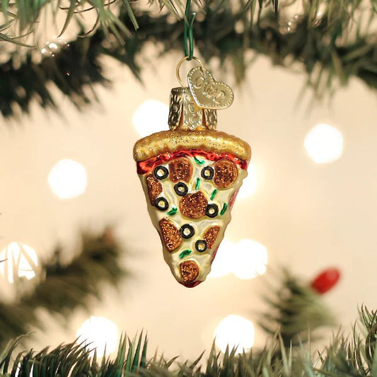 Mellow Monkey Mini Pizza Slice glass holiday ornament with pepperoni, olives, and green peppers. Hand-painted with glitter.