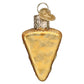 Mellow Monkey Mini Pizza Slice glass holiday ornament, hand-painted with gold glitter and a heart-shaped charm.