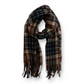 Mellow Monkey Rory classic plaid fringe scarf in brown and black brushed acrylic with decorative tassel trim