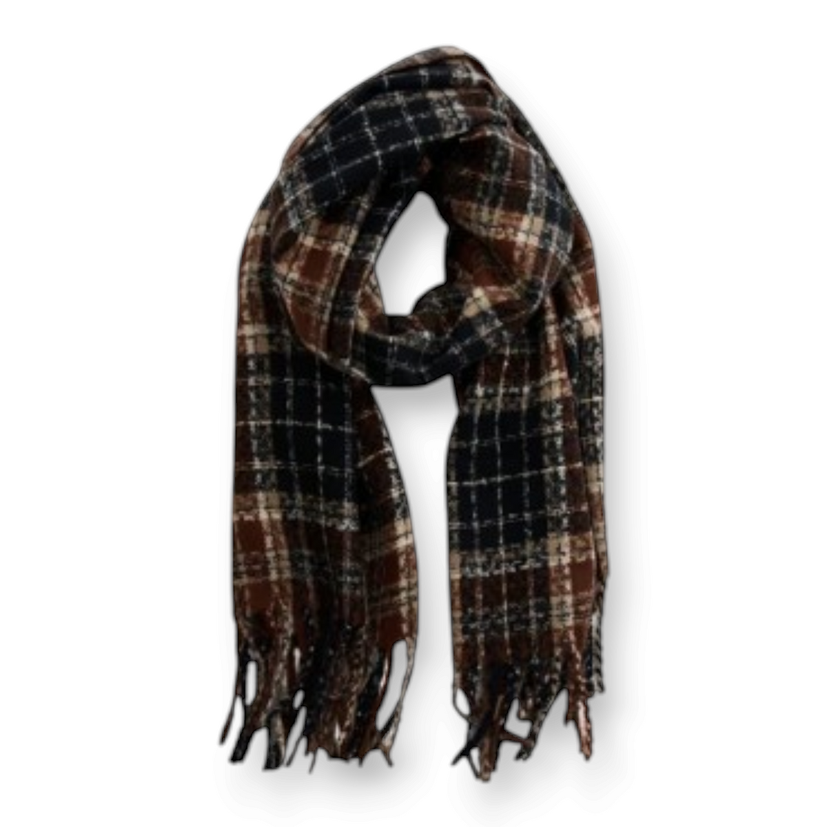 Mellow Monkey Rory classic plaid fringe scarf in brown and black brushed acrylic with decorative tassel trim