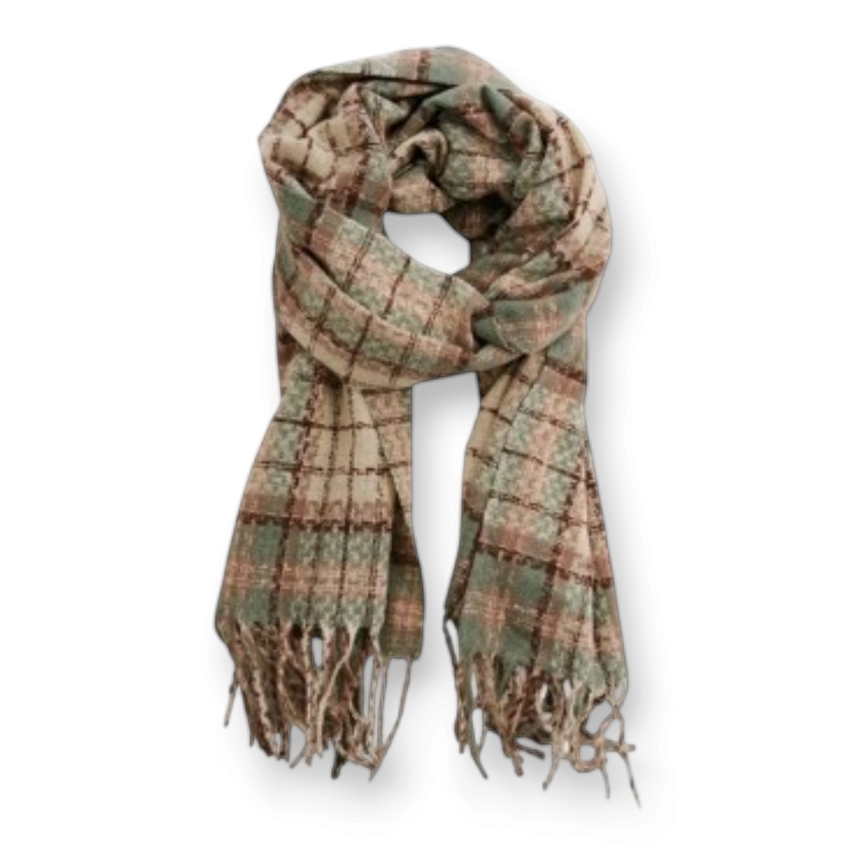 Mellow Monkey Rory classic plaid fringe scarf in soft brushed acrylic with green and brown checkered pattern