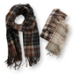 Mellow Monkey Rory classic plaid fringe scarves in brown, black, and green brushed acrylic with tassel trim.