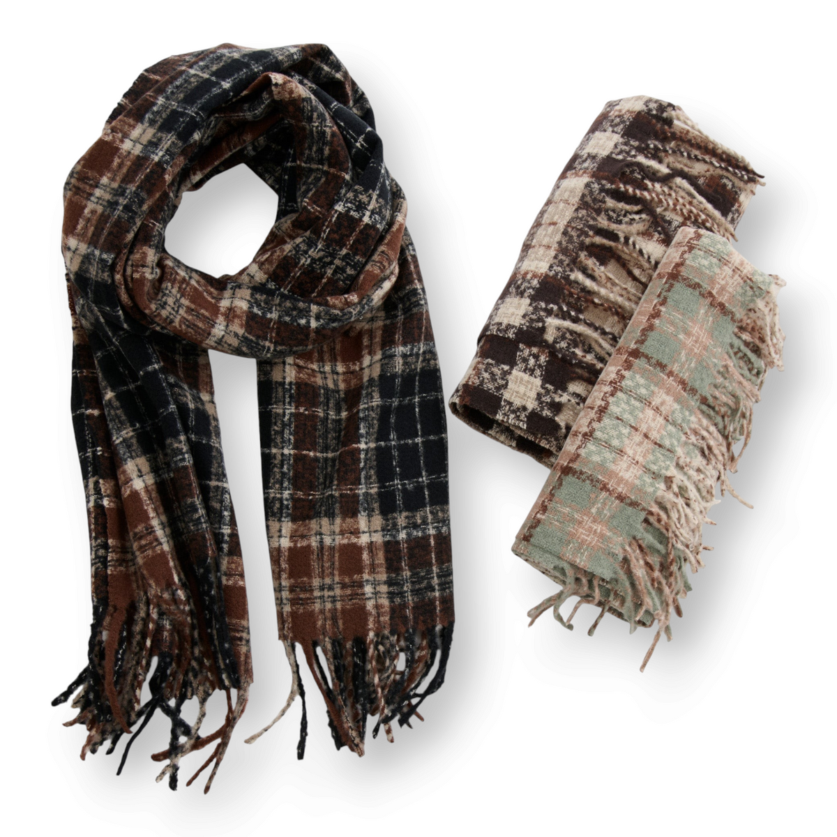 Mellow Monkey Rory classic plaid fringe scarves in brown, black, and green brushed acrylic with tassel trim.