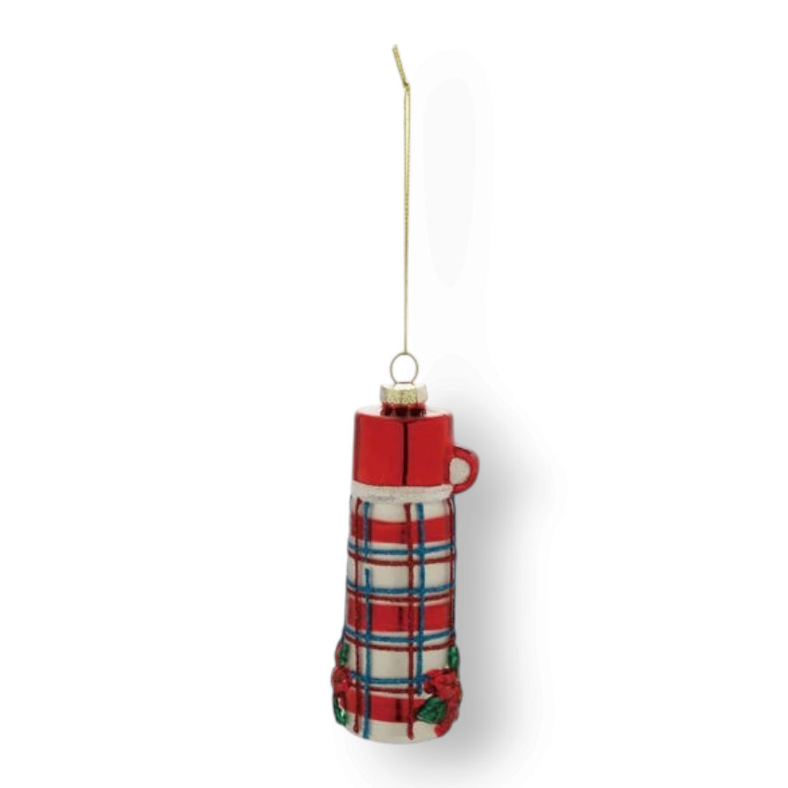 Mellow Monkey glass thermos Christmas ornament with red and blue plaid pattern and glitter accents