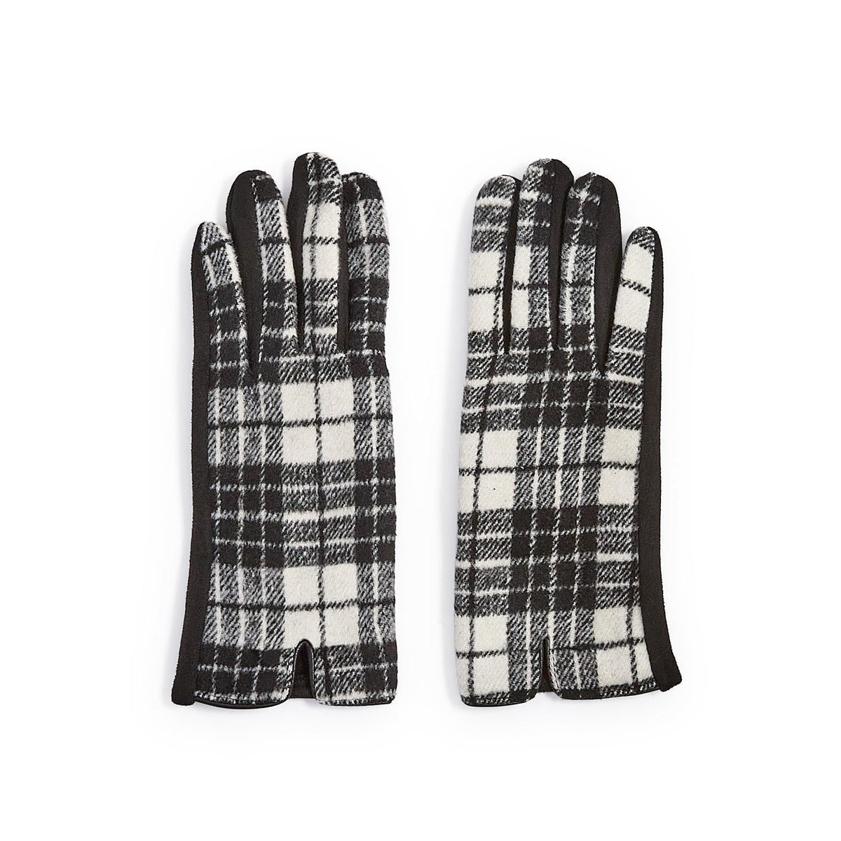 Mellow Monkey Blair gloves in black and white plaid with microsuede palms and touchscreen-compatible fingertips.