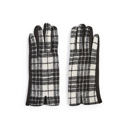 Mellow Monkey Blair gloves in black and white plaid with microsuede palms and touchscreen-compatible fingertips.
