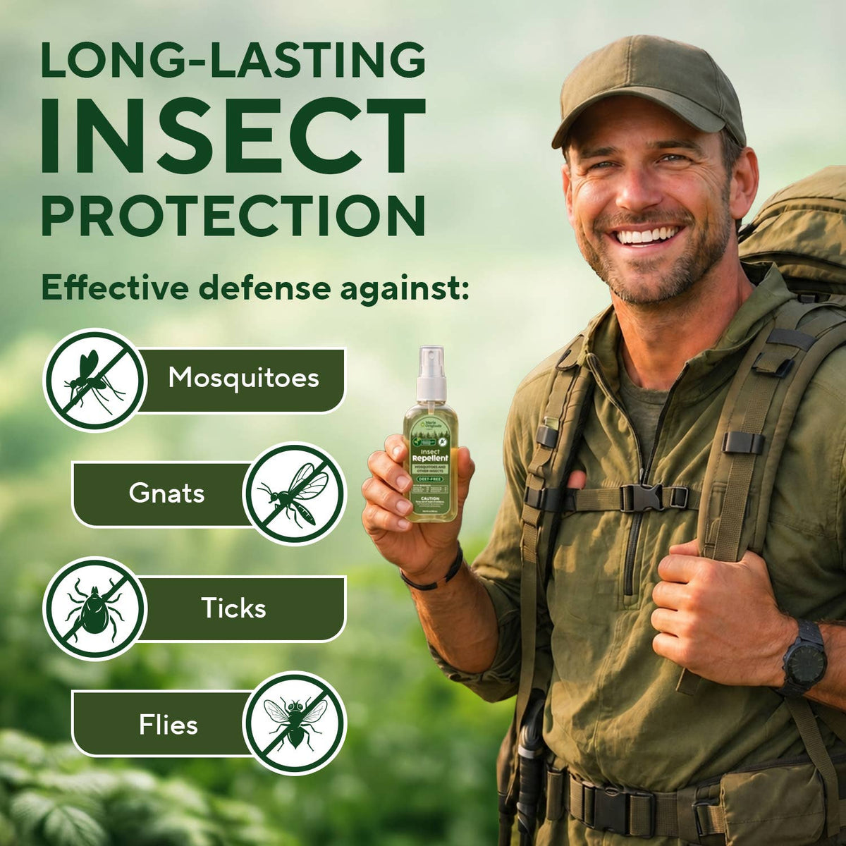 Mellow Monkey plant-based insect repellent spray held by a smiling hiker in a forest setting for outdoor protection.