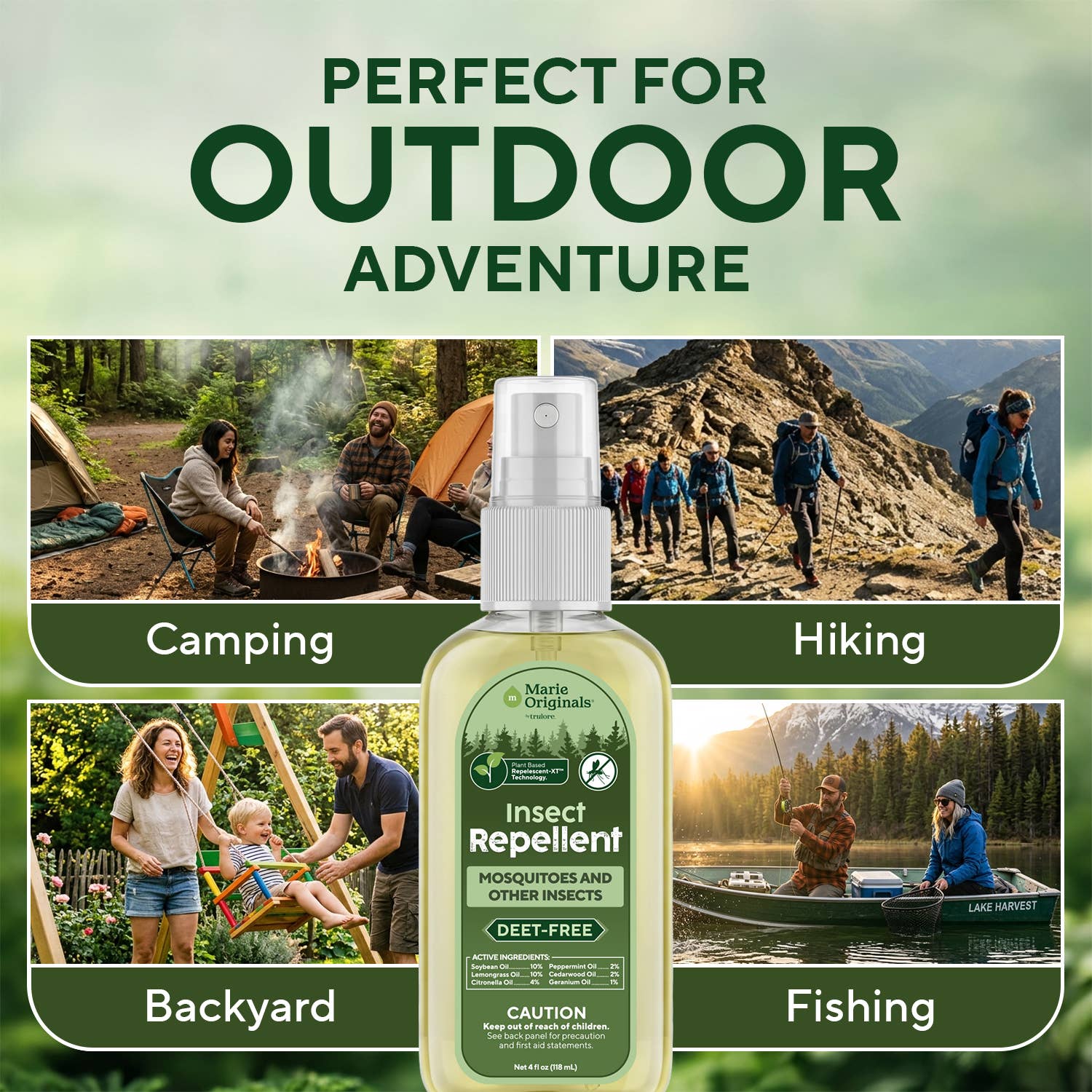 Mellow Monkey Marie Originals plant-based DEET-free insect repellent spray bottle for outdoor activities.