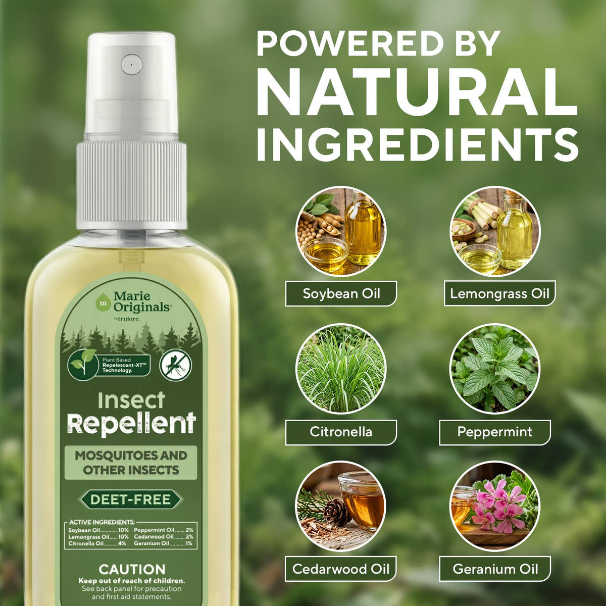 Mellow Monkey Marie Originals plant-based insect repellent spray bottle with essential oil ingredient highlights.