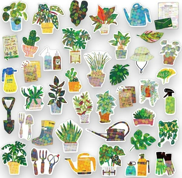 Mellow Monkey Plant Market holographic stickers feature potted plants, gardening tools, watering cans, and seed packets. Holographic finish.
