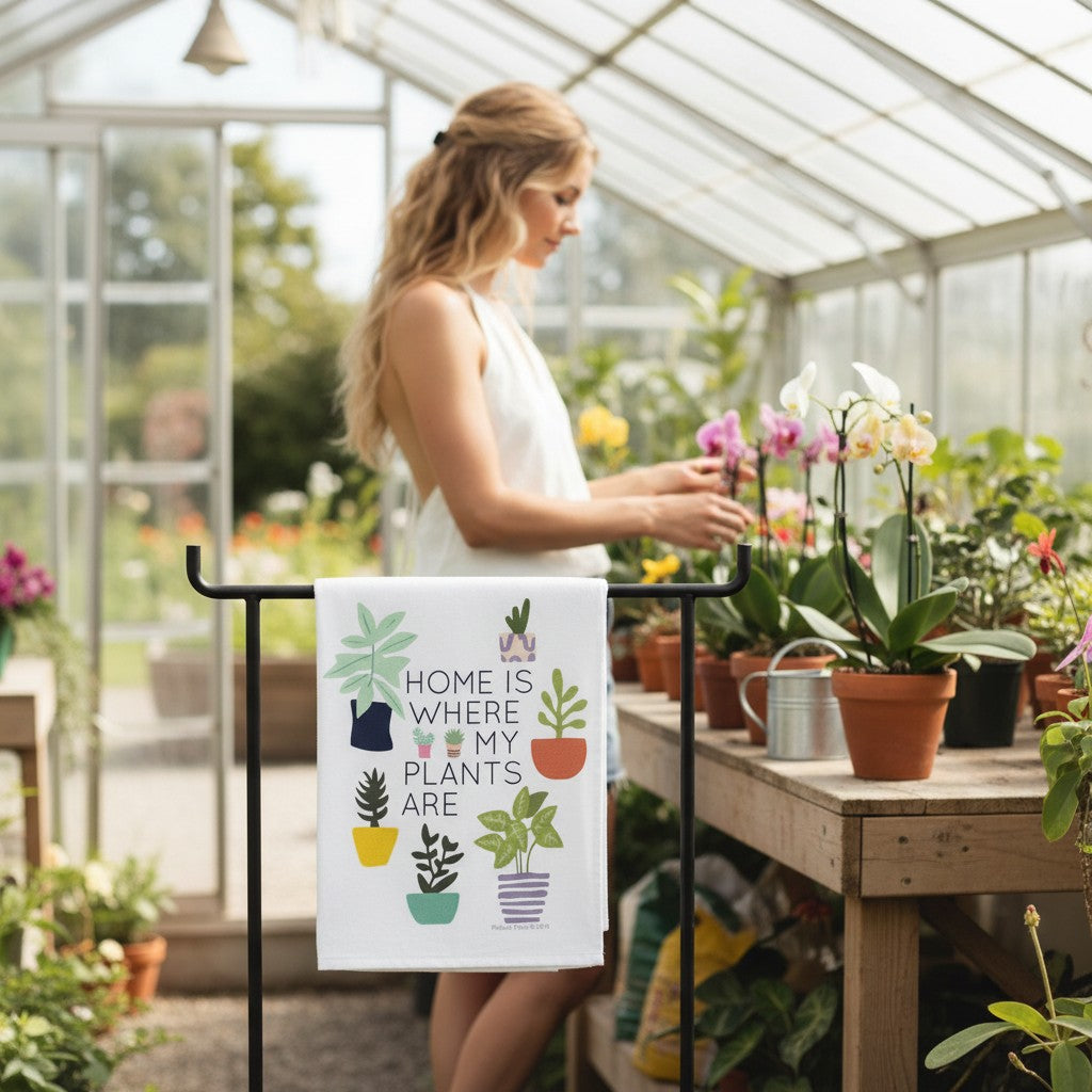 Mellow Monkey 100% cotton tea towel with colorful potted plants and the text "HOME IS WHERE MY PLANTS ARE."