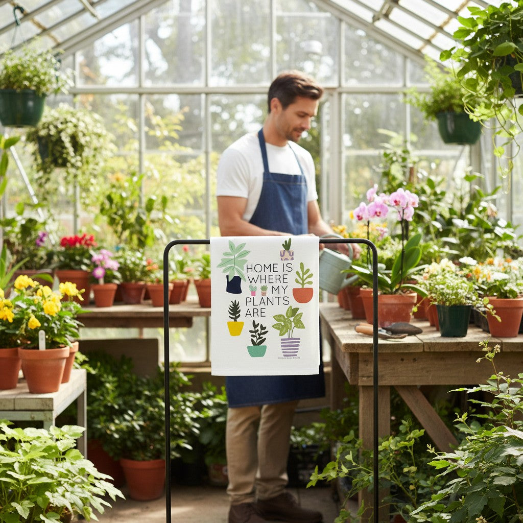 Mellow Monkey 100% cotton tea towel with colorful potted plants and the text "HOME IS WHERE MY PLANTS ARE."