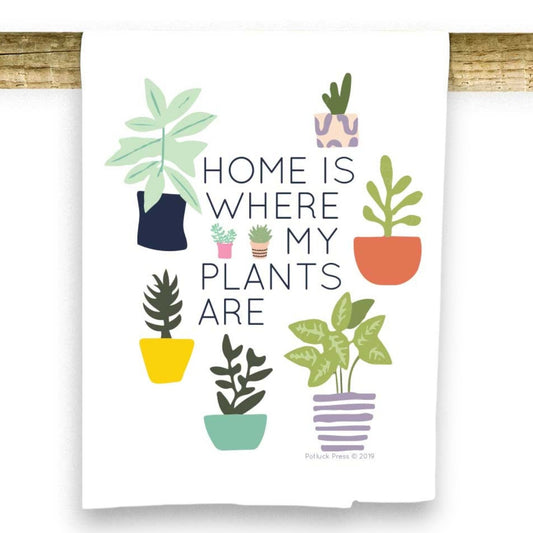Mellow Monkey 100% cotton tea towel with colorful potted plants and the text "HOME IS WHERE MY PLANTS ARE".