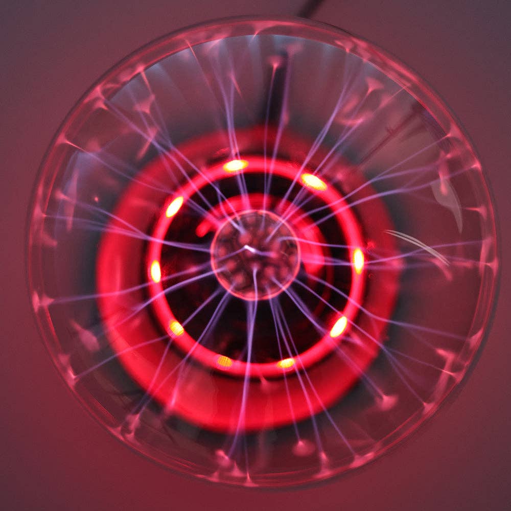 Mellow Monkey 6-inch plasma ball lamp with a glowing red base and purple electric light filaments inside glass sphere