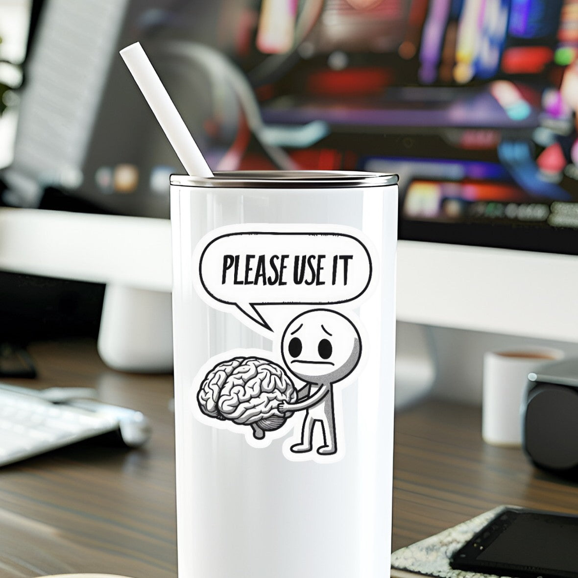 Mellow Monkey Please Use It vinyl sticker featuring a cartoon character holding a brain on a white tumbler