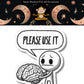 Mellow Monkey Please Use It vinyl sticker featuring a stick figure holding a brain with a speech bubble