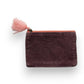 Mellow Monkey quilted cotton velvet zip pouch in plum with a pink tassel and orange zipper. Perfect for travel or everyday use.
