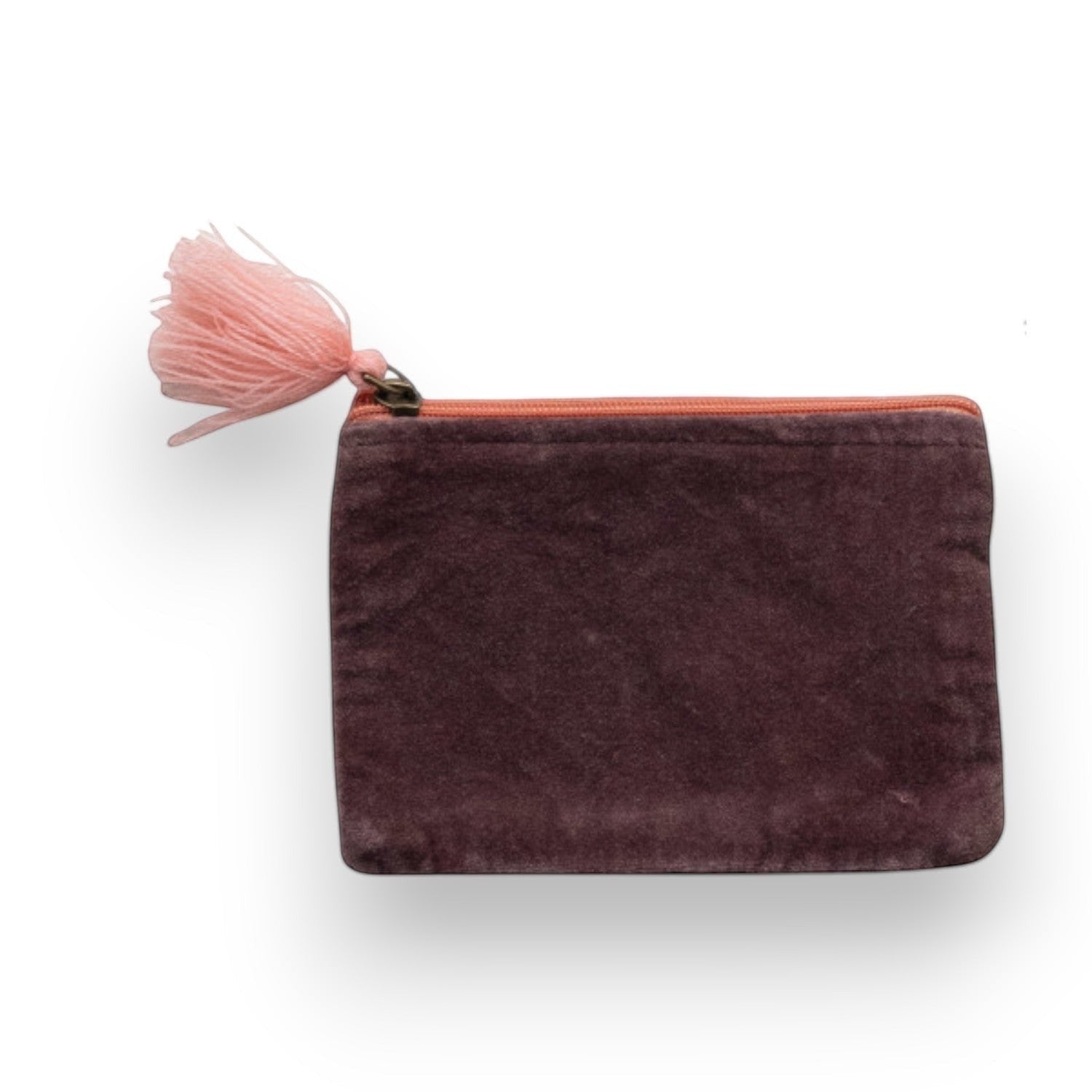 Mellow Monkey quilted cotton velvet zip pouch in plum with a pink tassel and orange zipper. Perfect for travel or everyday use.