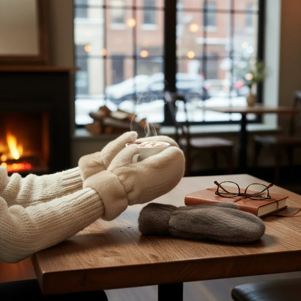Mellow Monkey winter white plush mittens with chevron pattern held by hands holding a warm mug by a cozy fireplace.