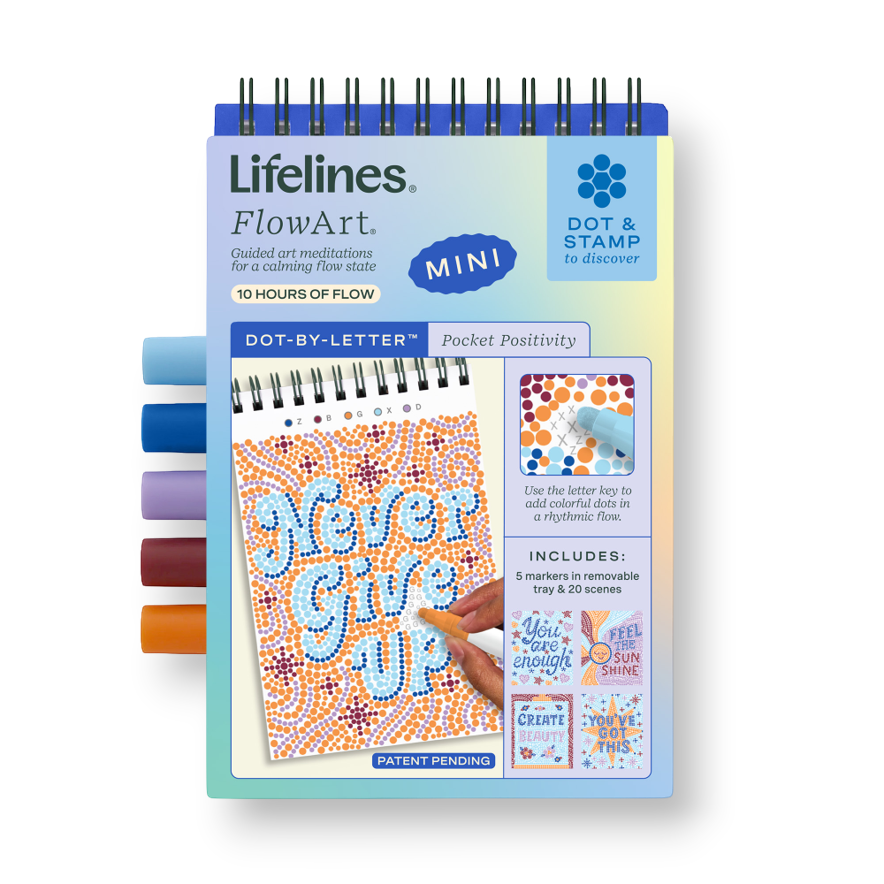 Mellow Monkey Pocket Positivity Dot by Letter mini art pad with colorful markers for meditative dotting activities.